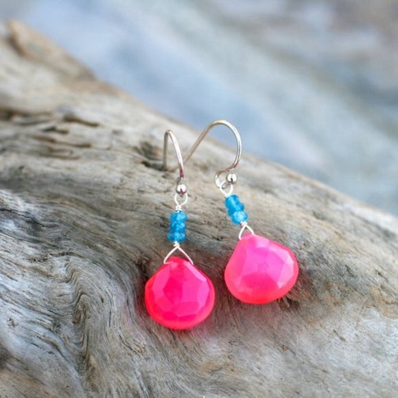Hot Pink Chalcedony, Teal Blue Apatite Earrings - Picture 1 of 5